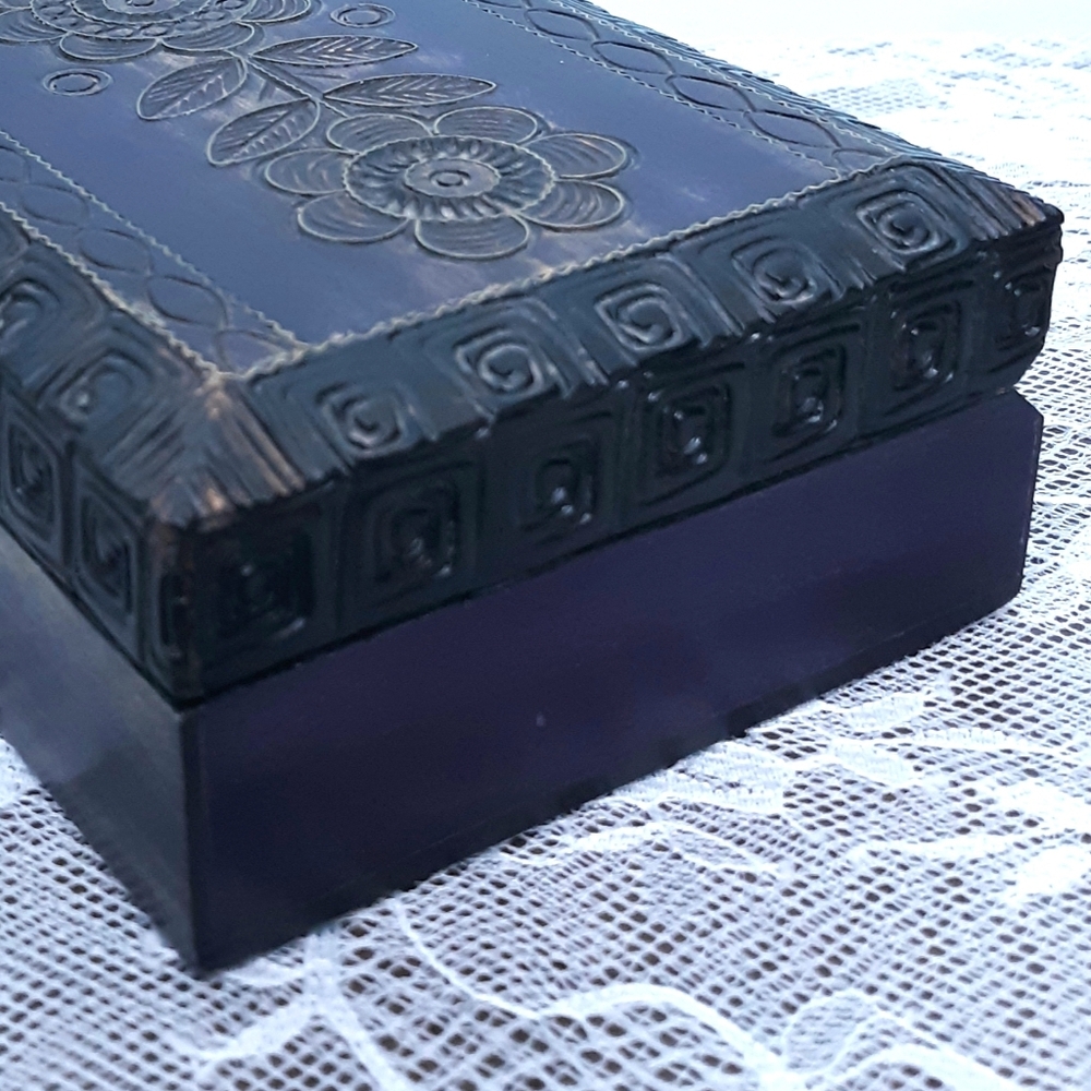 Purple Carved Polish Wooden Jewelry Flowers Floral Black Rectangle Trinket Hinge - Picture 8 of 11